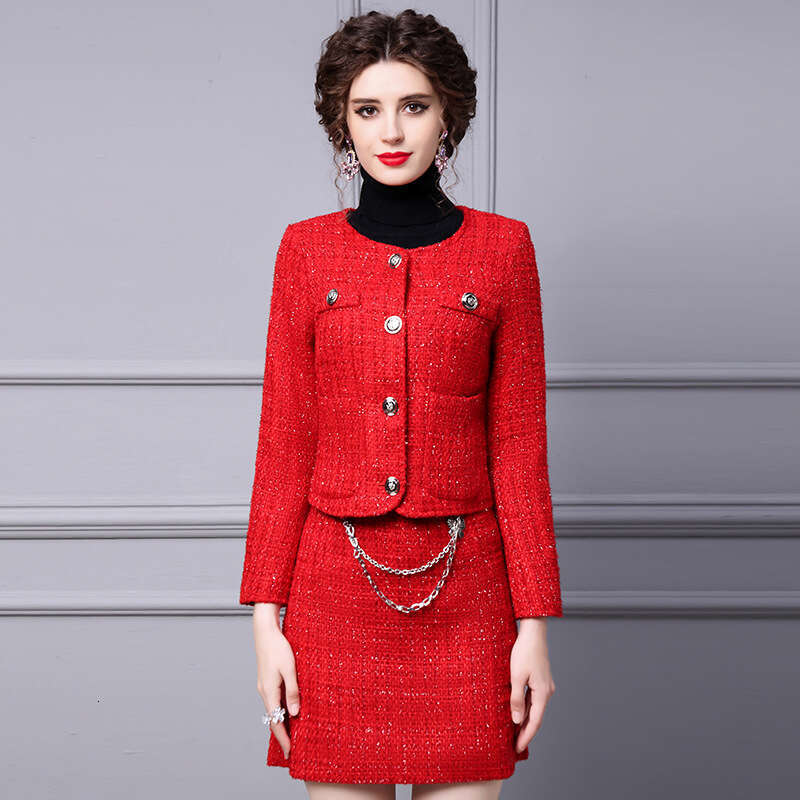 Red Womens Fashion 2024 New Style Short Coat Fashionable Hip Bag Skirt Two Piece Set