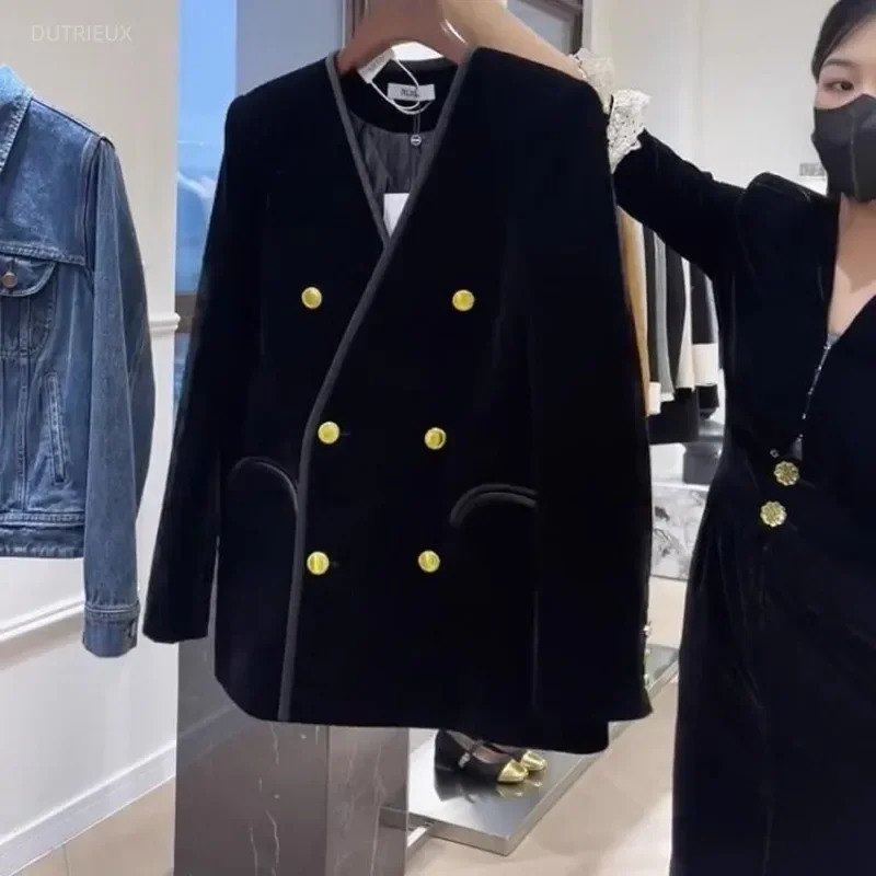 Temperament Coat Tops Vintage Black Velvet Jackets For Women Vneck Long Sleeve Double Breasted Loose Oversized Outwear Thick 241011