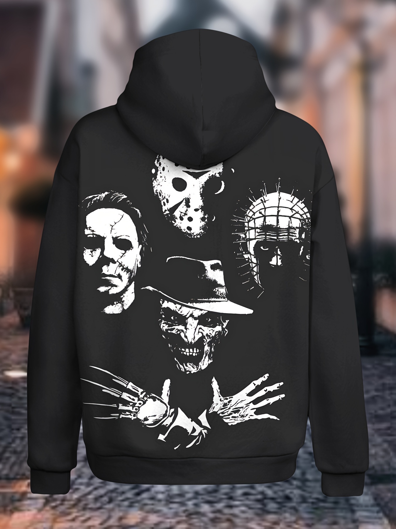 Men's 3D Hoodie with Horror Movie Masks Print, Casual Polyester Hooded Sweatshirt, Unisex Adult Fall/Winter Collection, Knit Fabric, Regular Fit,