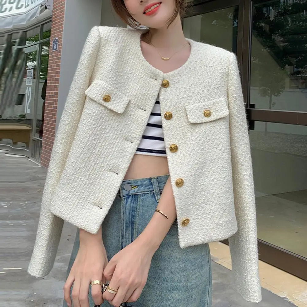 Womens jackets autumn jackets winter jackets tweed round neck long sleeved jackets 240930