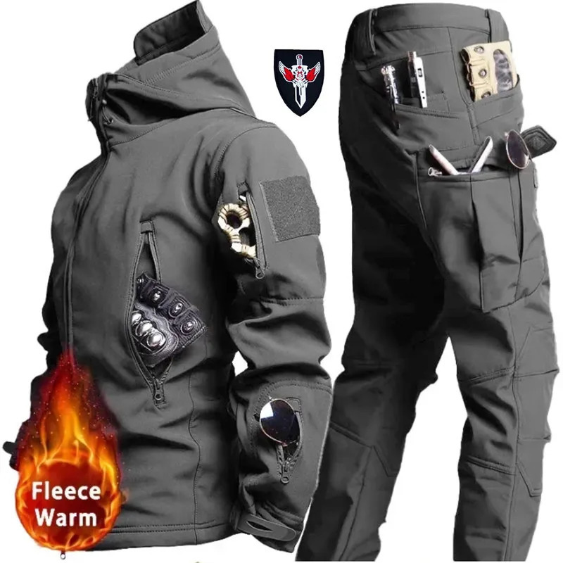 Tactical Winter Set Mens Outdoor Windproof and Waterproof Multi Pocket Soft Shell Hooded Jacket Shark Work Pants 241008