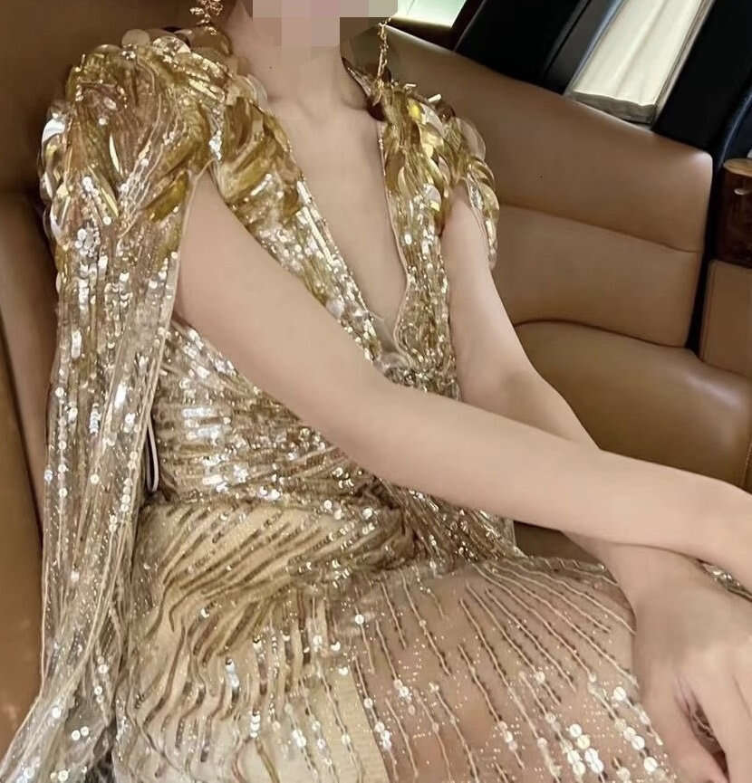 Dignified Elegant Gold Beaded Prom Dress Duchess of Cambridge Replica Evening Reception Bridal Gown