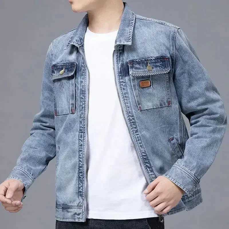 Male Jean Coats freight zipper V mens denim jacket motorcycle Korean popular clothing high-quality designer trendy G Y2k W241011