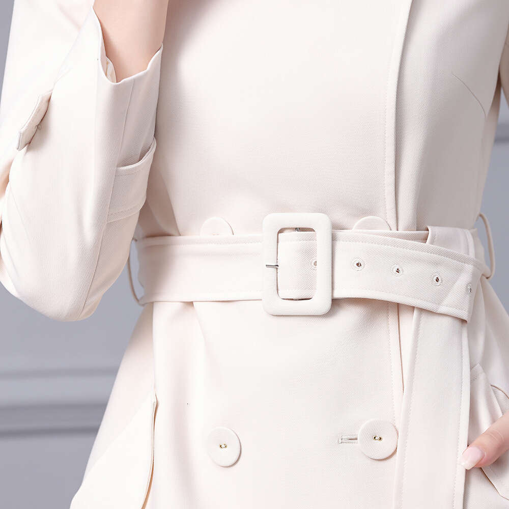 autumn womens clothing 2024 new item high-end feeling beige lapel double row buckle waist slimming windbreaker jacket