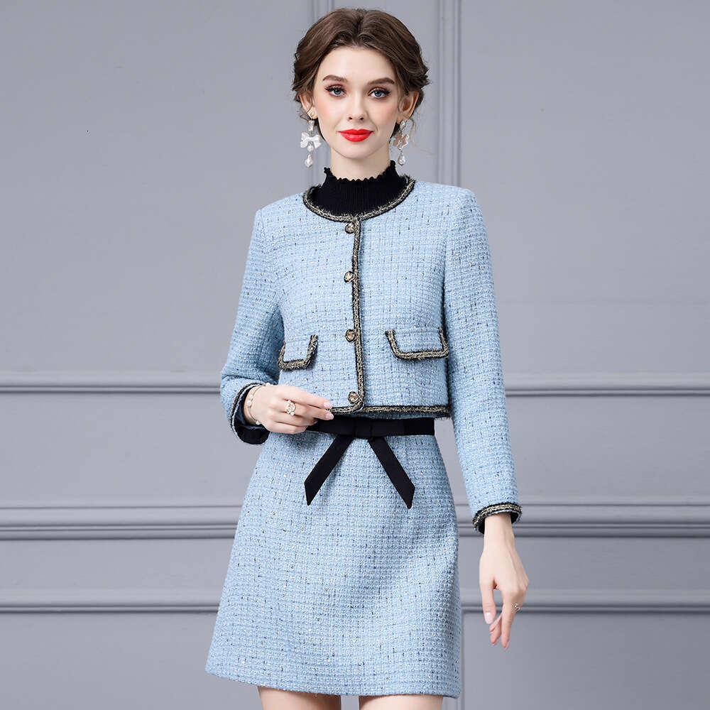 autumn season set womens high-end French socialite tweed short top jacket with skirt two pieces