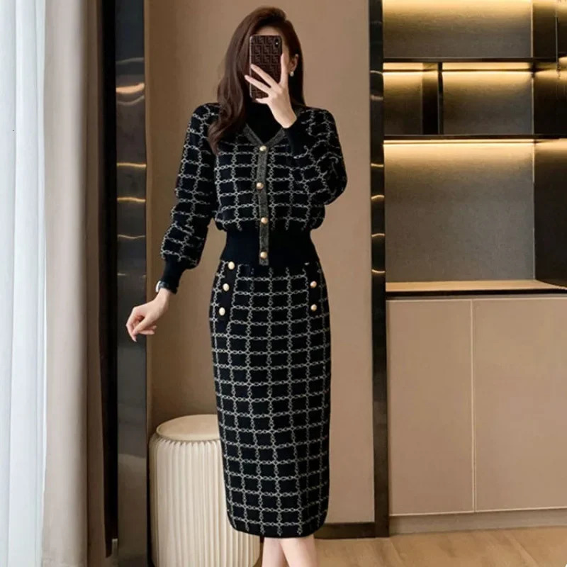 Autumn/Winter Knitted Dress 2-piece Bodycon Skiing Long Sleeve Fashion Womens Wear 241011