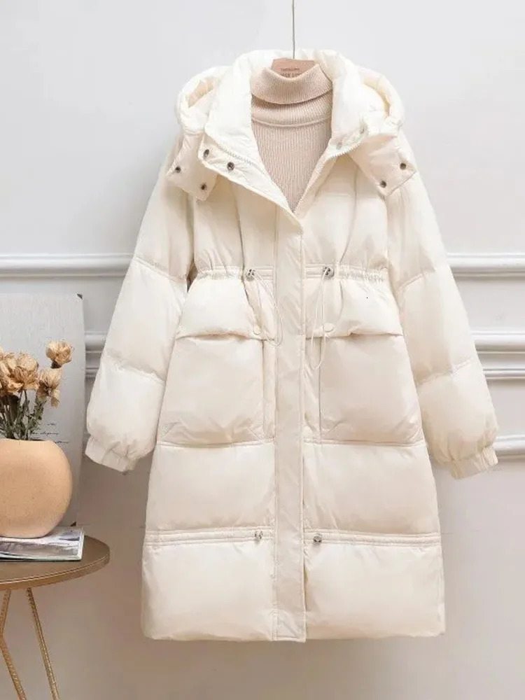 Womens winter hoodie long coat plus size thick loose pockets Parkas waist brushed Jaqueta Puffer Korean cold coat 241007