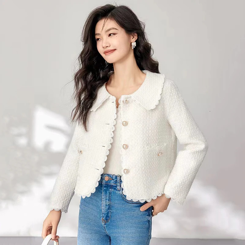 Autumn coarse tweed short sleeved womens jacket Autumn Korean sweet lace patchwork woven jacket Winter thick warm elegant office womens jacket 240930