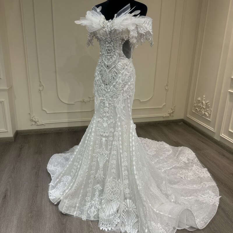 2024 new one-shoulder feather gorgeous heavy handmade beaded fish tail