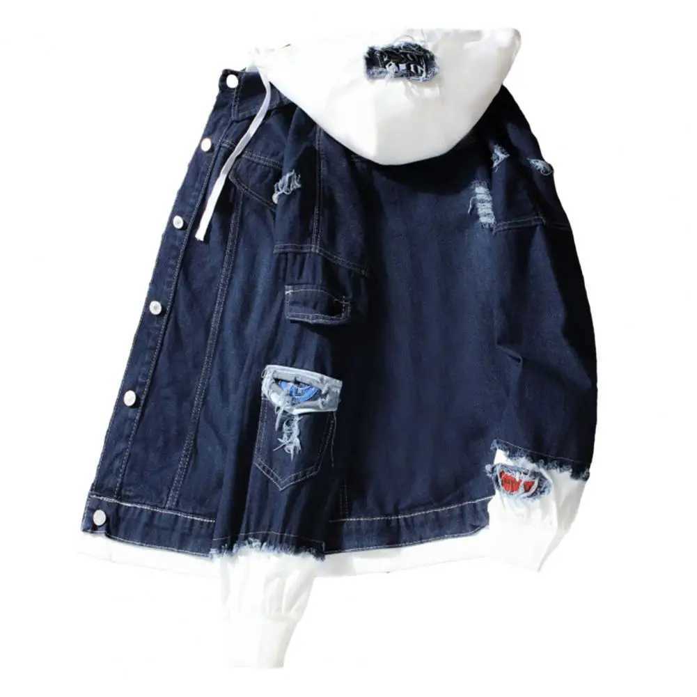 Denim jacket hooded mens fashionable motorcycle jeans mens leather cover cotton casual black blue denim jacket mens outerwear W241011