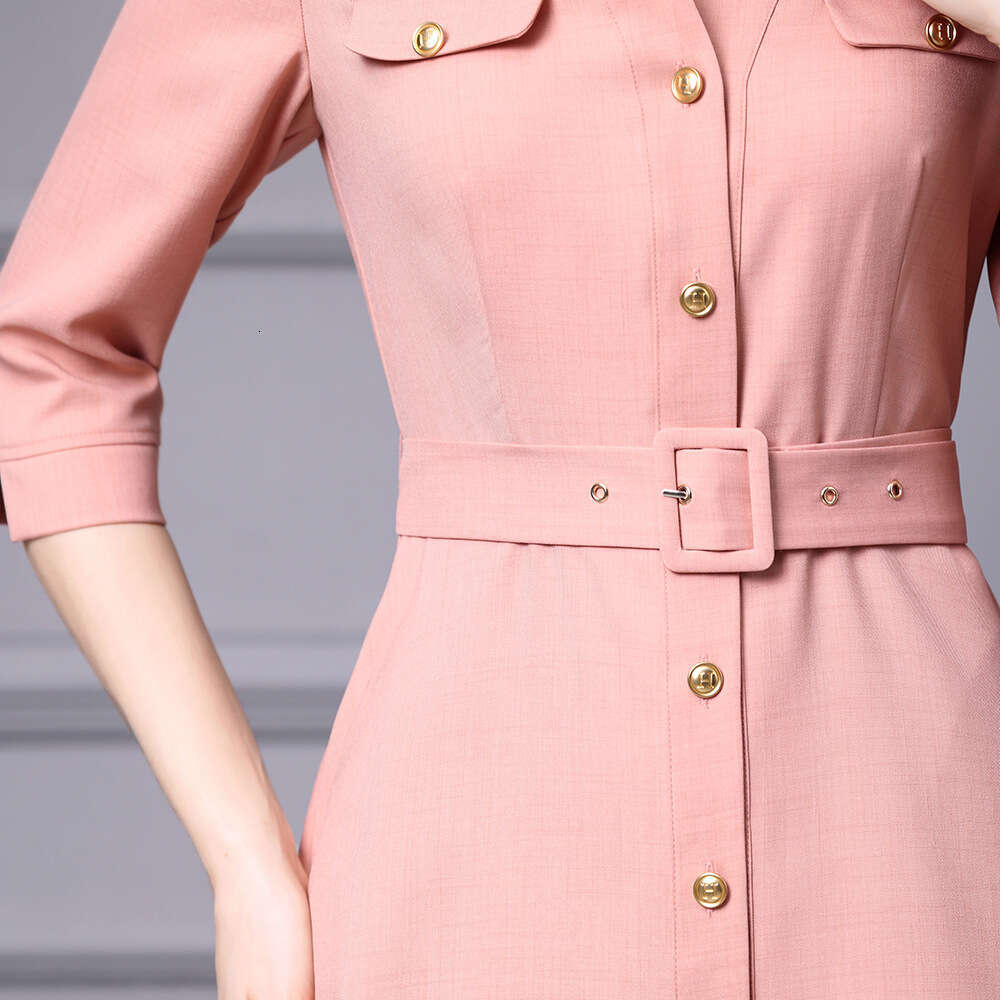 French style V-neck shirt dress with cinched waist and seven quarter sleeves single breasted large swing dress autumn 2024