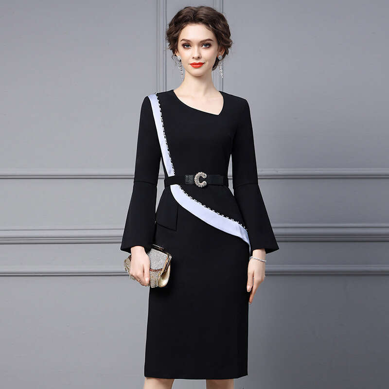black dress with a high-end feel light luxury slanted neck nail drill evening party long sleeved hip hugging skirt 2024 new autumn outfit