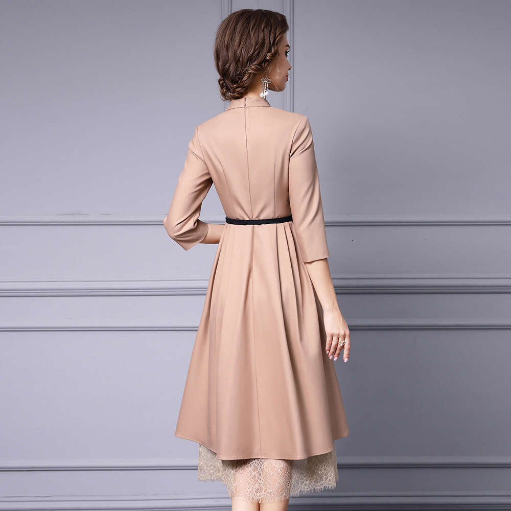 womens super beautiful dress slim fit and slimming stand up collar lace patchwork A-line skirt 2024 early autumn new item