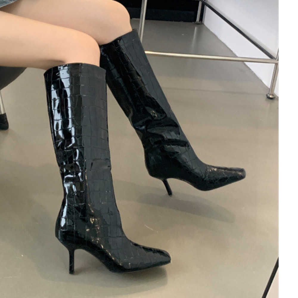 Crocodile Patterned Fashion Boots Square Toe High-heeled Long Martin Boots For Women Autumn Winter Knee Knight Boots Slim Heels Boots 240826
