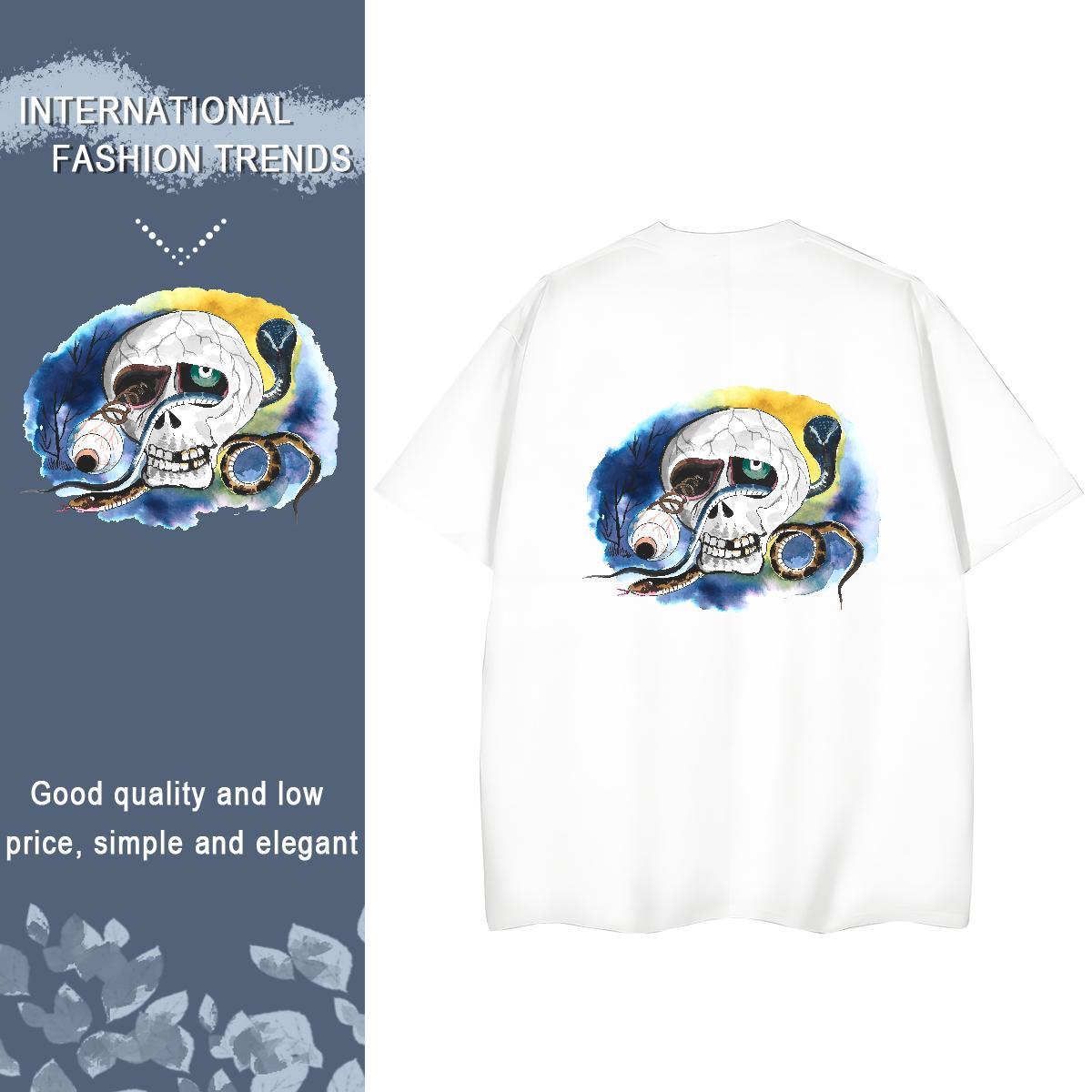 2024 Women T Shirts 230g Cotton Breathable Short Sleeve Street Wear skull Unisex Tshirts Loose DIY Printed Clothes Shirt