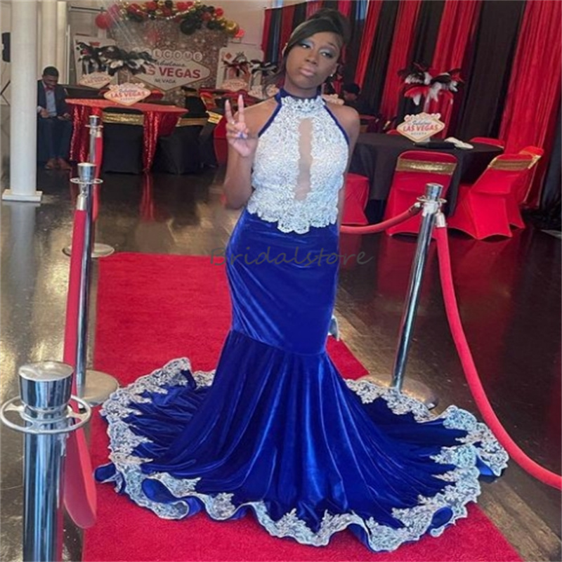 Royal Blue Elegant Prom Dresses For Black Girls White Appliques Velvet Halter Evening Dress Sweep Train Ceremony Vestido De Gala Women Fifteen Birthda