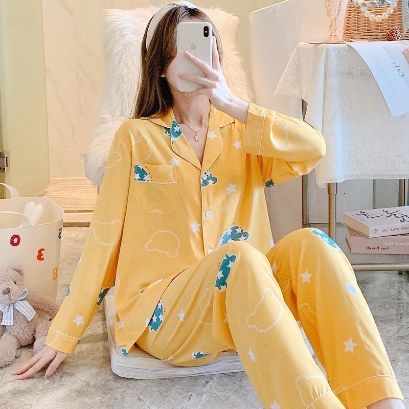 Womens Pajamas Autumn Printed Long Sleeve Casual Evening Dress Two Piece Pajama Set 241011