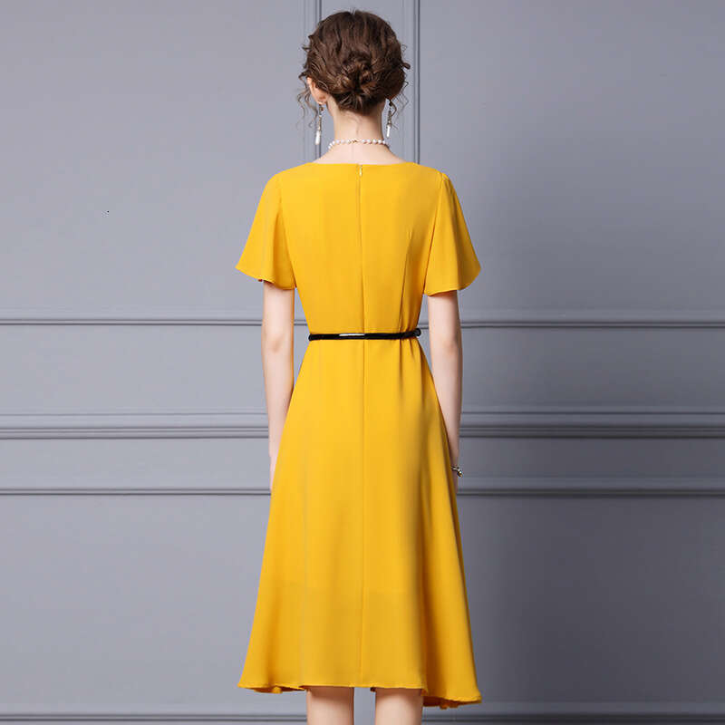 yellow dress 2024 new womens summer ruffled short sleeved mid to long style waist cinching slimming A-line skirt
