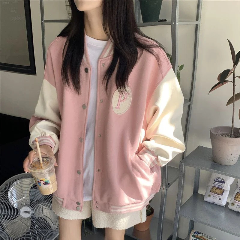 Korean Style College Varsity Jackets Green Bomber Coats Streetwear Couple Loose Harajuku Baseball Jacket Women Oversize 241011