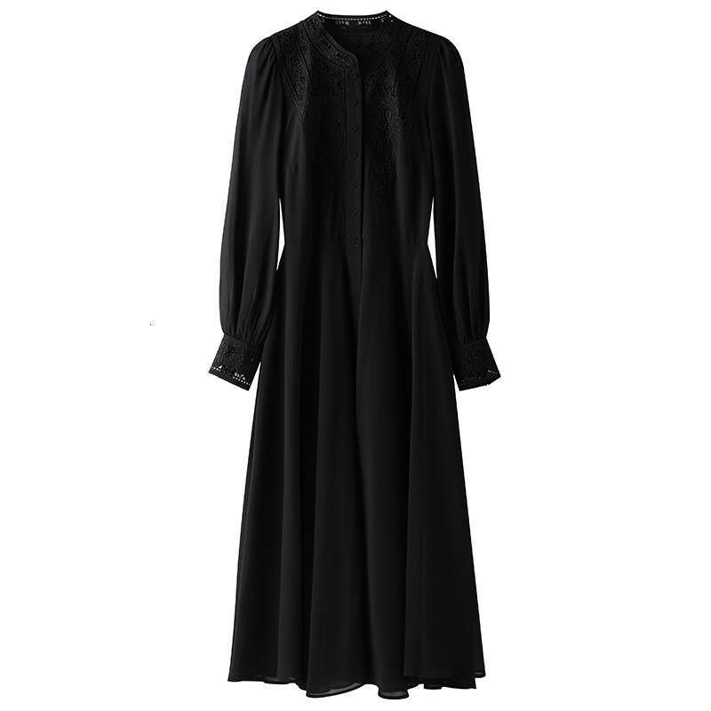 2024 Autumn New Dress Pear shaped Body Stand up Collar Embroidered to Cover the Stomach and Look Thin Long Sleeve Medium length Skirt