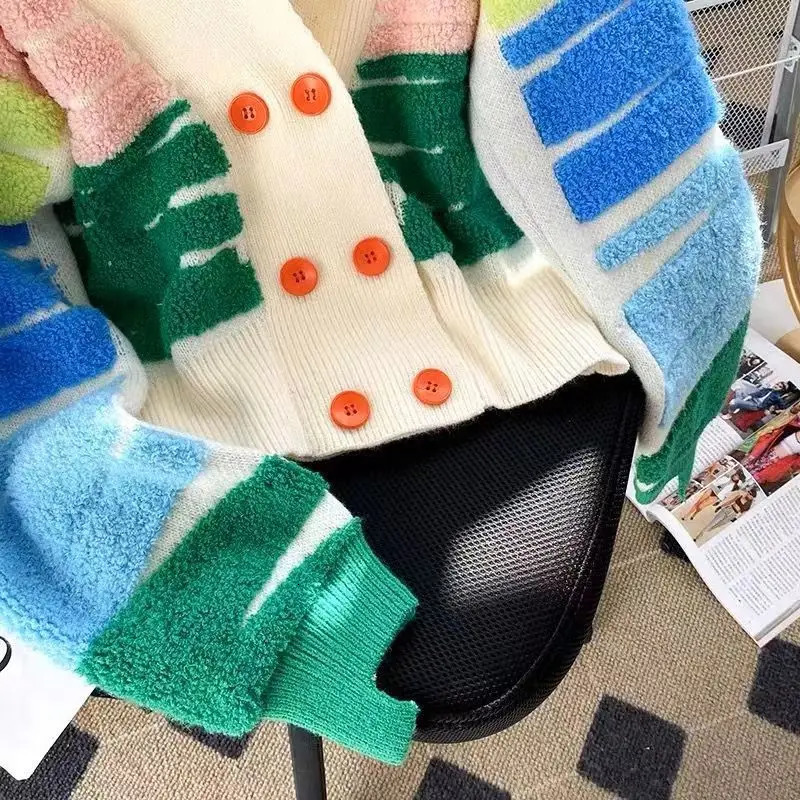 Rainbow Striped Knit Sweater Cardigan Women Doublebreasted Vneck Jacket Coat Autumn Winter Long Sleeve Loose Casual 241007