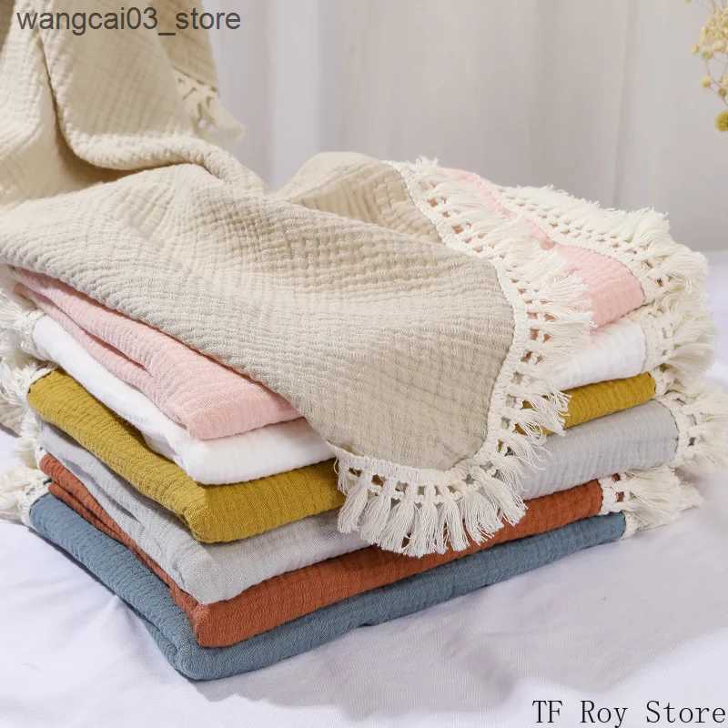 Blankets Swaddling Newborn Baby Tassel Receiving Blanket Solid Color Cotton Muslin Swaddle Blanket for Infant Sleeping Quilt Bed Cover Swaddle Wrap L2