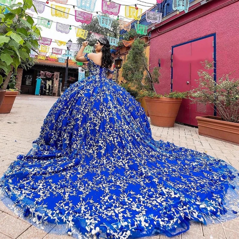 Royal Blue Quinceanera Dresses Ball Gown Puffy Vestidos De 15 Anos Sequined Gold Applique Lace Tull Party Birthday Sweet 16 Dress