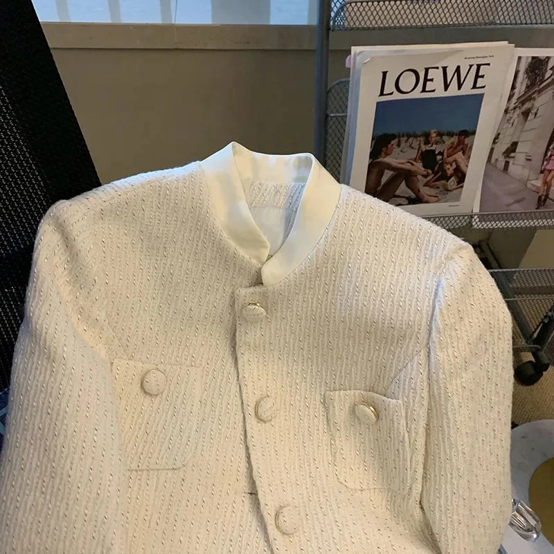 Elegant Tweed Jacket Women Cropped Ruffles Patchwork Quilted Coat Korean Fashion White Blazer Winter Ladies Thicken Outerwear 241011