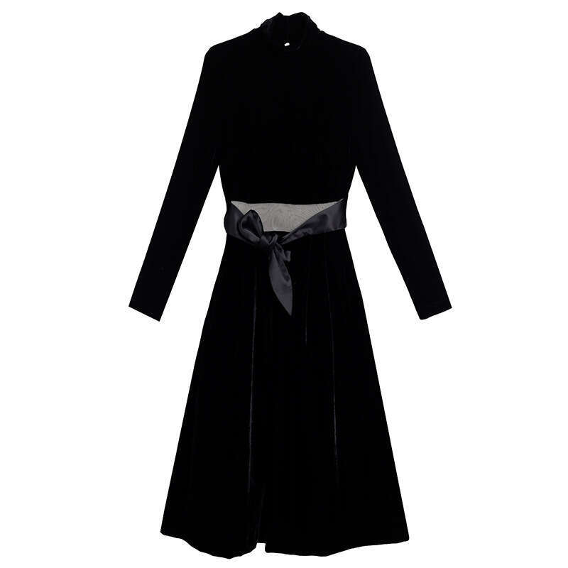 Autumn Dress 2024 New French Gold Velvet High Collar Long Sleeve with Coat to Look Thinner A-line Skirt