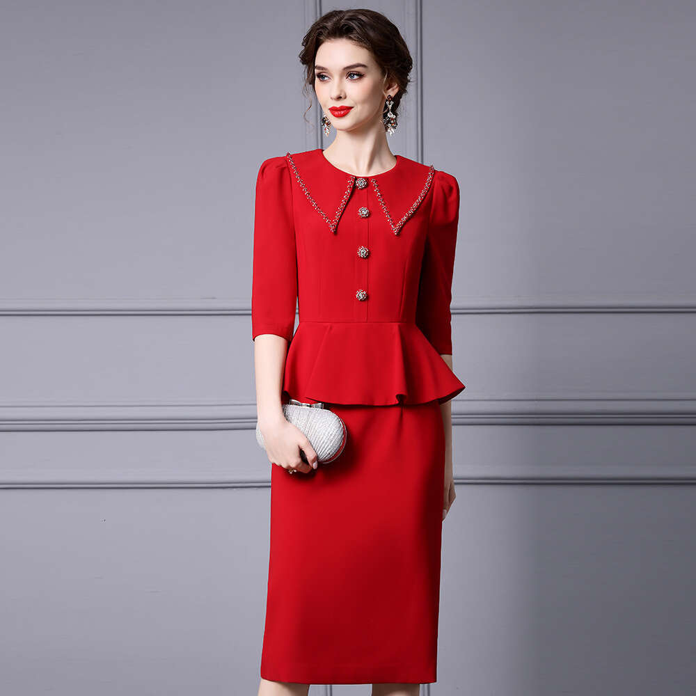 Smart elegant and dignified dress with nail drill large lapel ruffle edge splicing hip hugging skirt 2024 summer new item