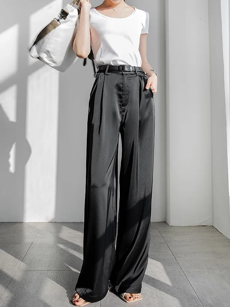Ice silk Satin Womens Pants Wide Leg High Waist Casual Black Korean Fashion 2024 Spring Summer Suit for Women Trousers 241007