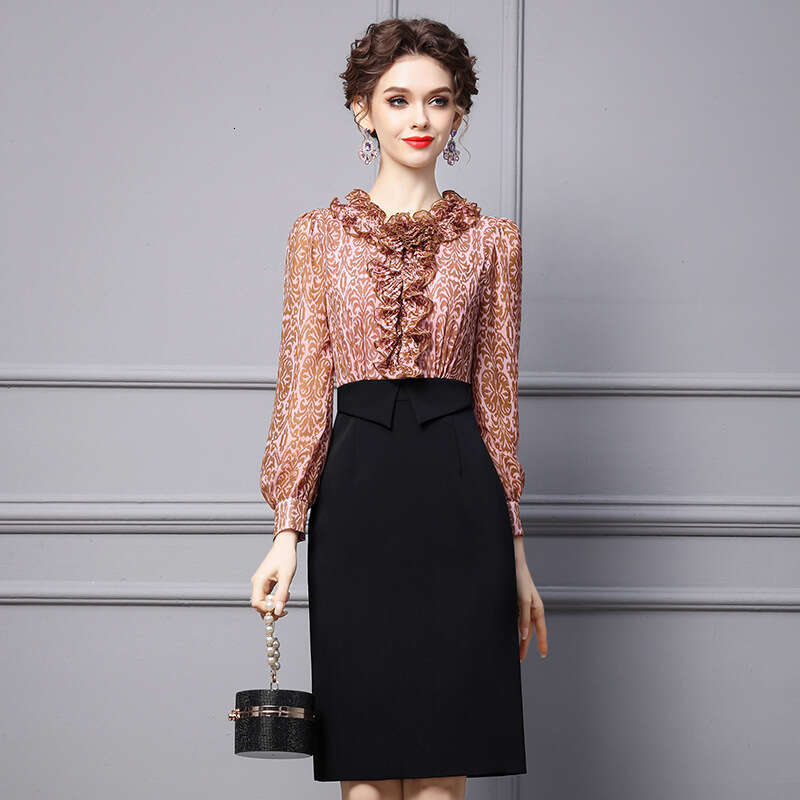 Autumn Dress for Women 2024 New Formal Occasion Bubble Lotus Leaf Edge Long Sleeves Hip Wrapping Skirt