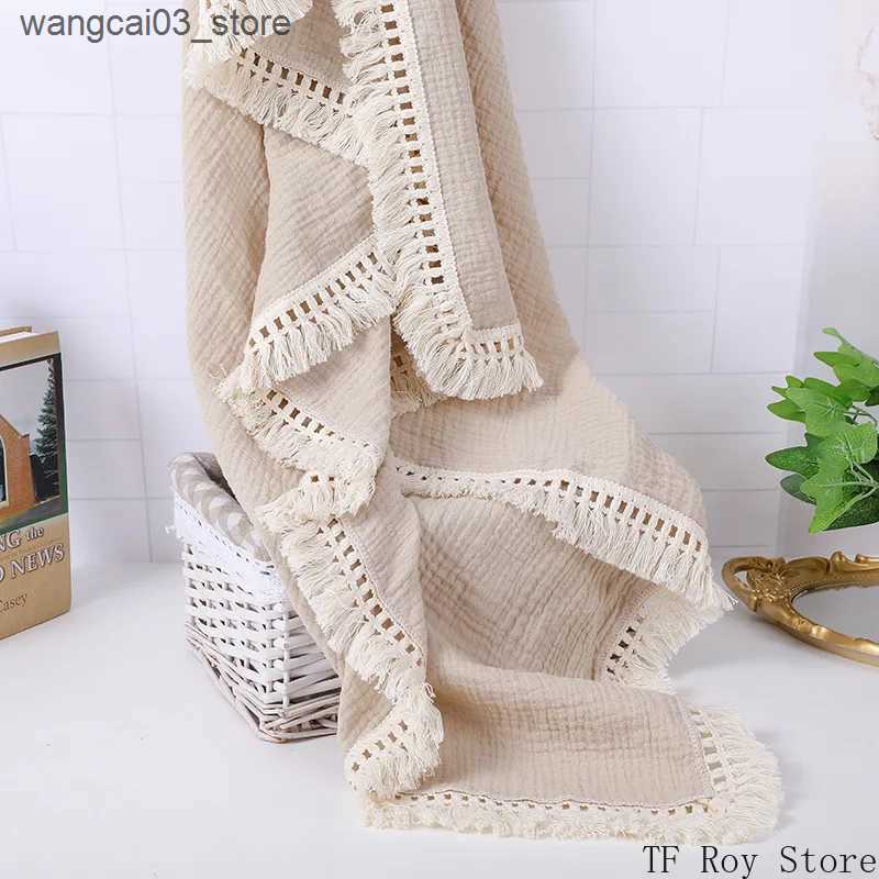 Blankets Swaddling Newborn Baby Tassel Receiving Blanket Solid Color Cotton Muslin Swaddle Blanket for Infant Sleeping Quilt Bed Cover Swaddle Wrap L2
