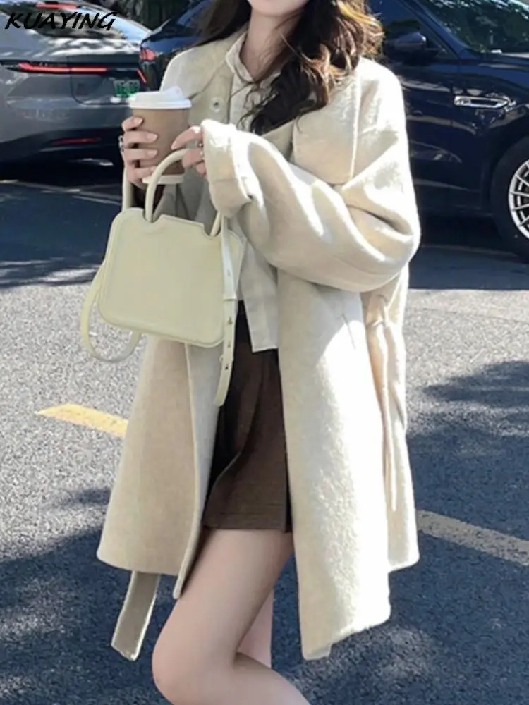 Autumn Winter Double Breasted Woolen Coat Female Casual Stand Collar Warm Outerwear Wearcoats Loose Commuting Wool Jacket 240930