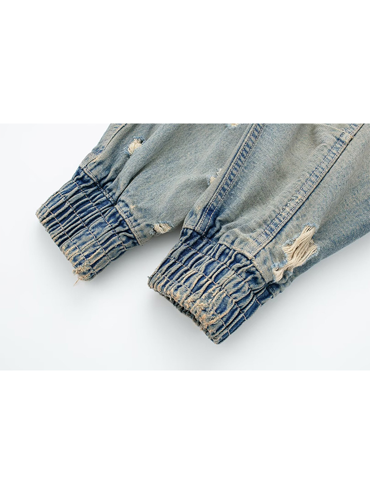 Women Blue Ripped Denim Jacket 2000S Long Sleeve Outerwear Loose Zippers Jean Coat Haruku Korean 90S Vintage Top 2024 Clothes