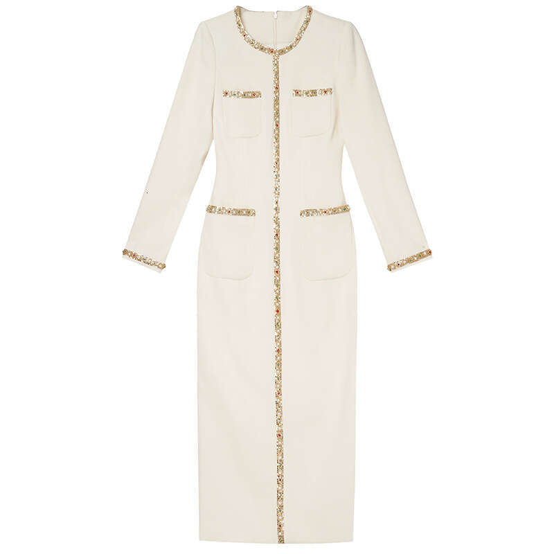 French Beautiful Dress 2024 New Hepburn Black Long sleeved Coat Heavy duty Nail Diamond Wrapped Hip Skirt