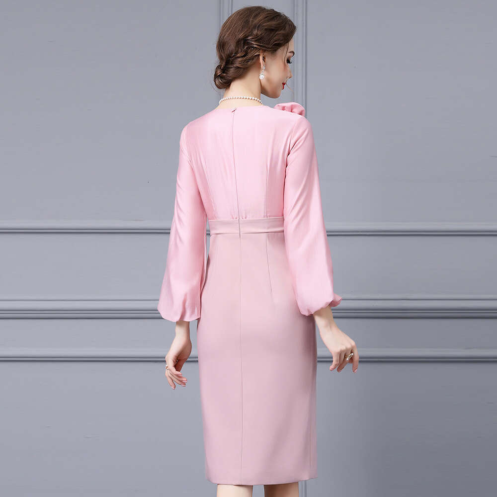 pink high-end socialite temperament dress 2024 new autumn patchwork high waist exquisite slit hip skirt