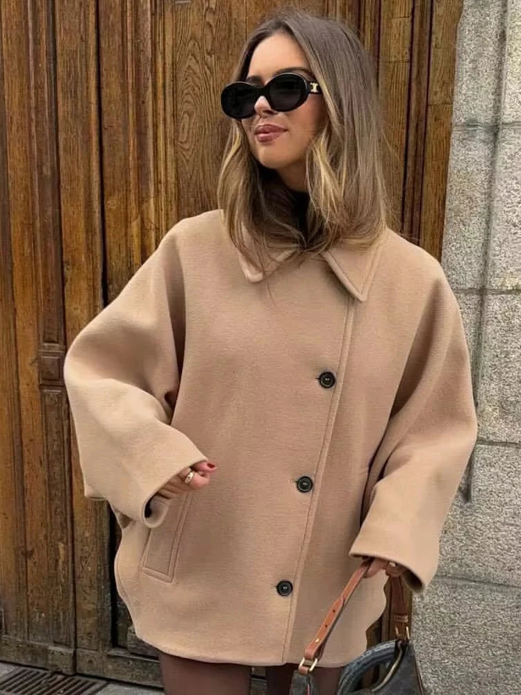 Fashion Lapel Woolen Jacket For Women 2024 Spring Single Breasted Long Sleeve Coats Female Elegant Oversized Chic Street Outwear 240930