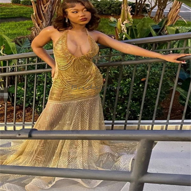 Wonderful Gold Prom Dresses For Black Girls Beaded Mermaid Luxury Evening Dress Halter Sequin Backless Birthday Dress Sparkly Vestidos De Fiestas robe