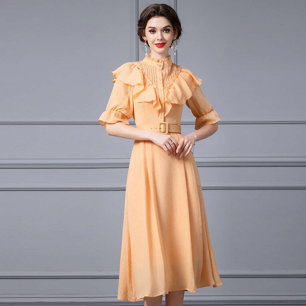 Ear Edge Stand up Collar Dress Autumn 2024 New Style High Grade Temperament Bundle Belt Long Skirt