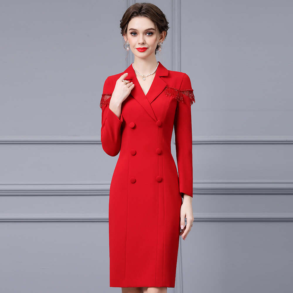 high-end suit collar nail bead tassel wrapped hip skirt 2024 spring new item light luxury temperament texture long sleeved dress