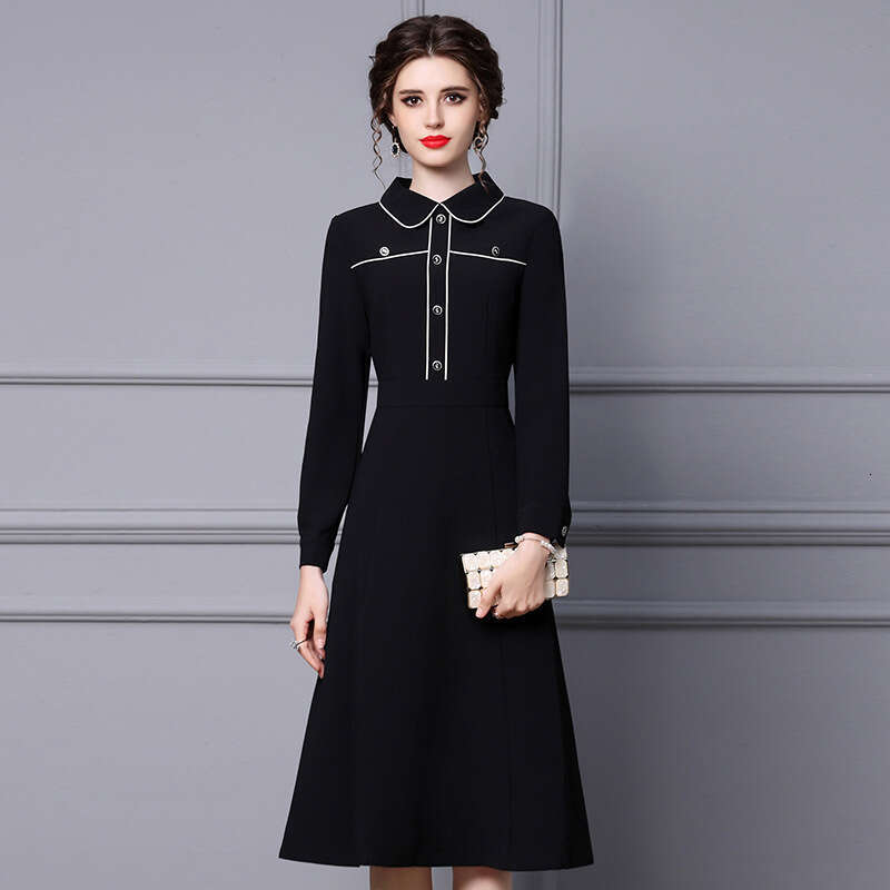 Doll Neck Dress Autumn New Collection 2024 Black Interior Long Sleeve Look Thin Medium Length A-line Skirt