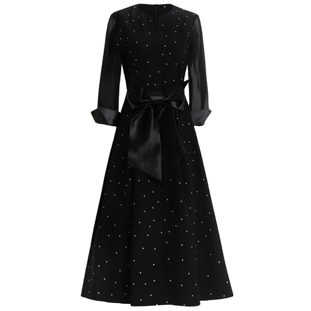 black spliced polka dot dress 2024 autumn new high-end exquisite large bow slimming A-line skirt