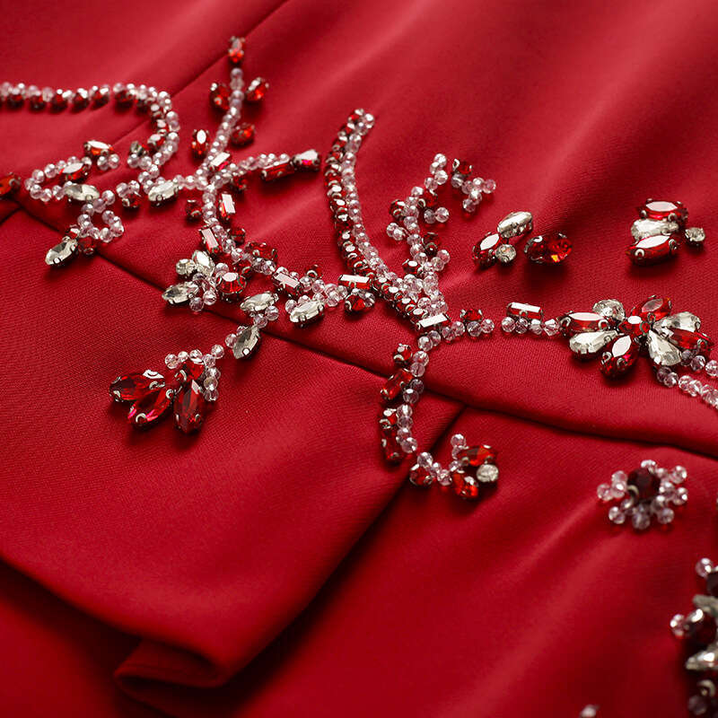 wine red 2024 new summer outfit high-end nail bead fake two-piece short sleeved waist slimming dress