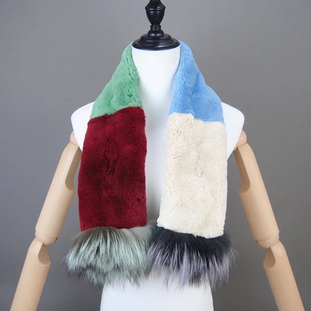 2024 Winter Women Genuine Knitted Fox Fur Scarf Real Rex Rabbit Fur Collar Warm Neck Natural colorful Rex Rabbit Fur Scarves 241009