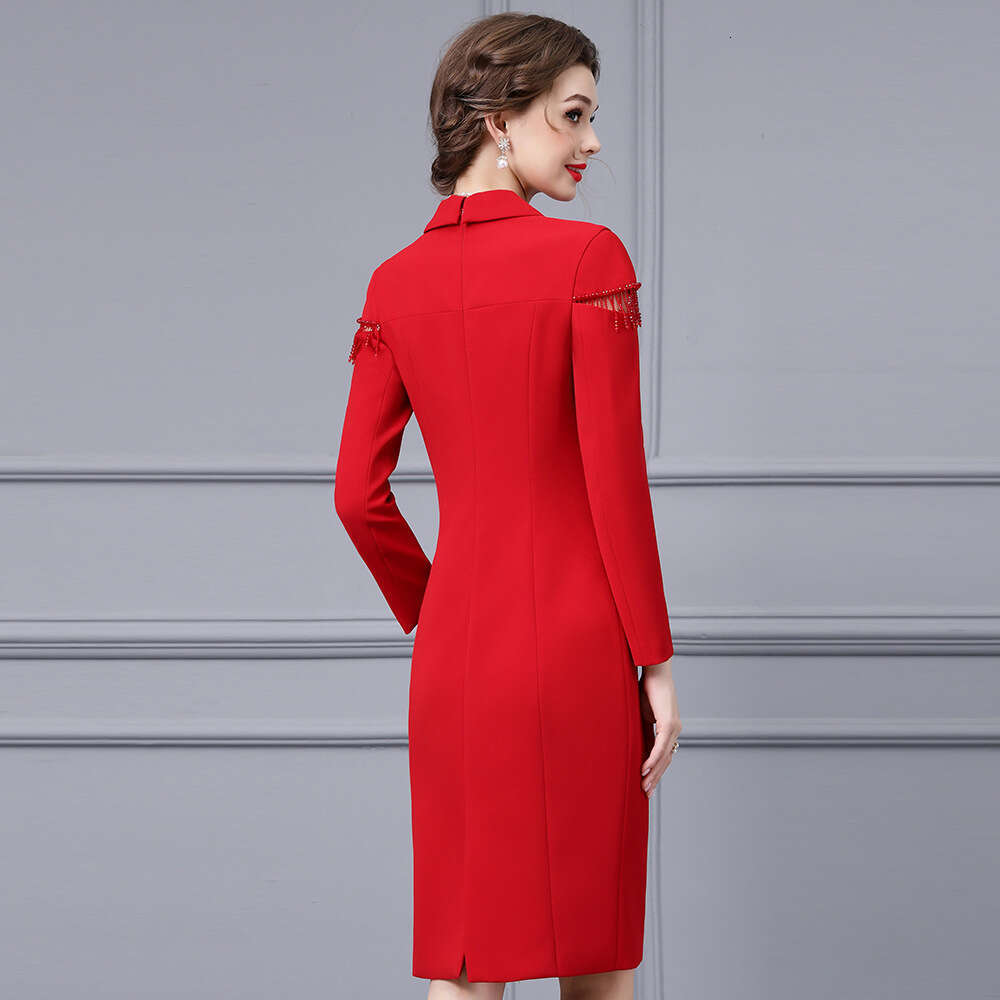 high-end suit collar nail bead tassel wrapped hip skirt 2024 spring new item light luxury temperament texture long sleeved dress