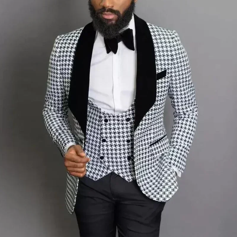 Slim Fit Plaid Suits For Men African Style Wedding Tuxedo 3 Pcs Shawl Lapel Groom Check Prom Blazer (Jacket + Pants + Vest) 2024
