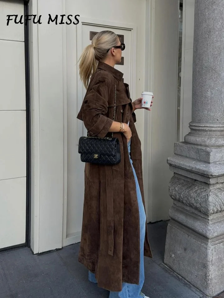 Vintage Khaki Suede Long Coat For Women Belt Lapel Long Sleeve Double-breasted Overcoat 2024 Autumn Lady High Street Outwears 241008