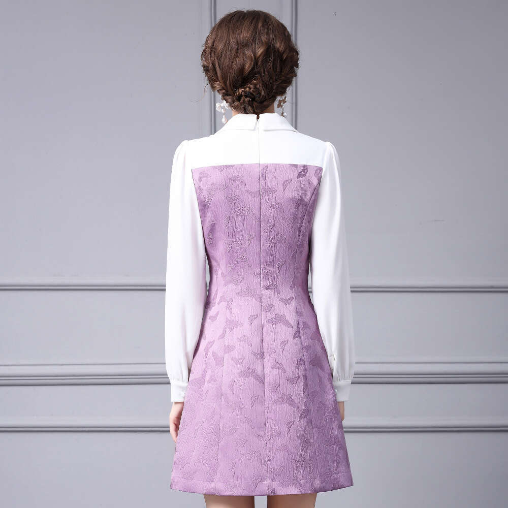 Smart and stylish ladies' style butterfly bow purple patchwork texture jacquard A-line dress 2024 new womens autumn