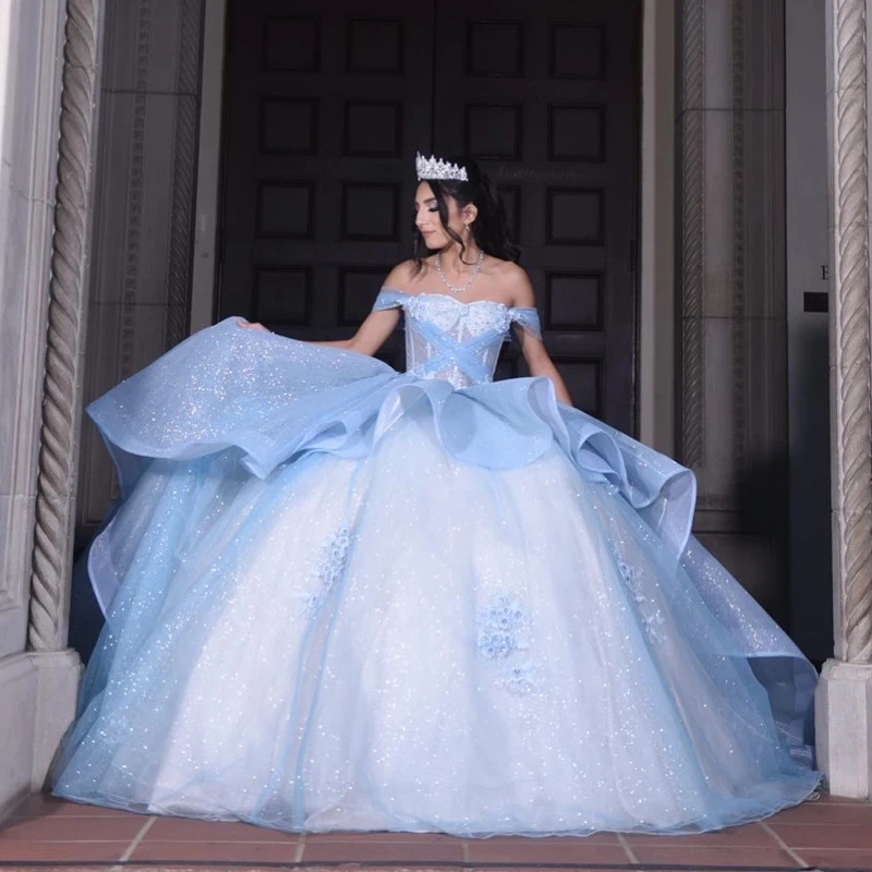 Sky Blue Shiny Off Shoulder Ball Gown Quinceanera Dress Appliques Lace Beads Tull Corset Vestido De 15 Anos Sweet 16 Dress